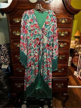 Nasty Gal Teal Floral Fringe Wrap Dress